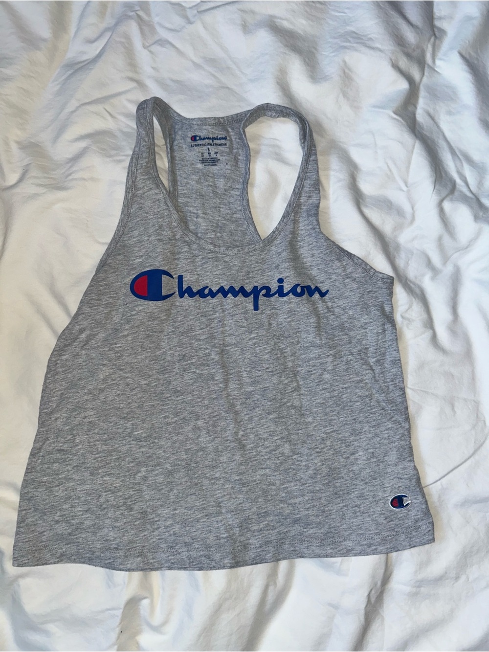 Champion Gray Racerback Tank with Blue & Red Logo